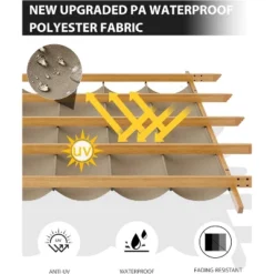 10x10ft Outdoor Aluminum Pergola Retractable UPF50+ Canopy, Wood Grain Frame, Khaki Curtain, Tool-Free Assembly -House Beautiful GUEST 5b91a196 8e1d 4362 a207 3adcaedac43a