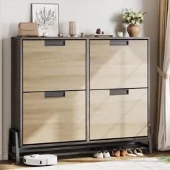 Shoe Cabinet Storage For Entryway, Narrow Shoe Organizers With 4 Flip Drawers, Freestanding With Metal Legs, Large Shoe Rack With Adjustable Shelves