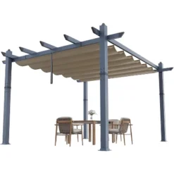 10x13ft Aluminum Pergola With Adjustable UV Waterproof Canopy Rust Resistant Frame Gray Curtains Easy Assembly