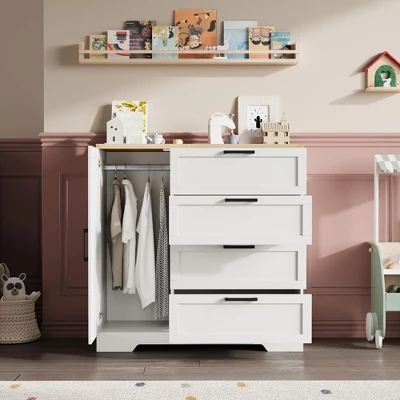 43.3" H Armoire Wardrobe Closet With 4 Drawers & Hanging Rod, Multifunctional Wood Storage Cabinet, Freestanding Dresser For Bedroom 10 43.3" H Armoire Wardrobe Closet With 4 Drawers & Hanging Rod, Multifunctional Wood Storage Cabinet, Freestanding Dresser For Bedroom - Image 8