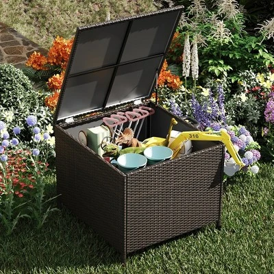 80Gallon Capacity Brown Outdoor Wicker Storage Box, Garden Deck Bin With Steel Frame, Rattan Storage Box With Lid, Ideal For Storing Tools,Accessories 4 80Gallon Capacity Brown Outdoor Wicker Storage Box, Garden Deck Bin With Steel Frame, Rattan Storage Box With Lid, Ideal For Storing Tools,Accessories - Image 2