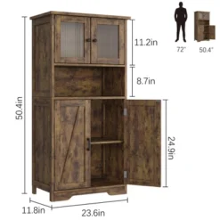 Kitchen Pantry Cabinets With Glass Doors And Adjustable Shelves, 54in Tall Freestanding Wooden Cupboard With Hutch