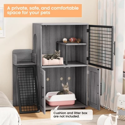 Modern Cat Litter Box Enclosure With Platform & Ladder – Double Layer Hidden Cat Washroom, 33.5" L X 17.9" W X 41.9" H, Grey 8 Modern Cat Litter Box Enclosure With Platform & Ladder – Double Layer Hidden Cat Washroom, 33.5" L X 17.9" W X 41.9" H, Grey - Image 6