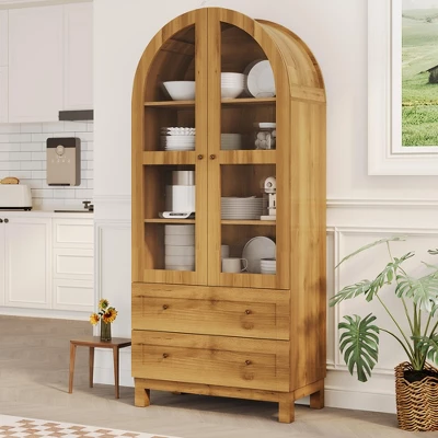 Arched Kitchen Pantry Cabinet, Modern 70in Tall Storage Cabinet Freestanding Farmhouse Cupboard With 2 Drawers And Adjustable Shelves 4 Arched Kitchen Pantry Cabinet, Modern 70in Tall Storage Cabinet Freestanding Farmhouse Cupboard With 2 Drawers And Adjustable Shelves - Image 2