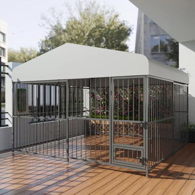 8X4FT/10X10FT/4X4FT Large Outdoor Dog Kennel, Heavy Duty Metal Dog Cage With Roof, Lock And Rotating Feeder, For All Dog Breeds 13 8X4FT/10X10FT/4X4FT Large Outdoor Dog Kennel, Heavy Duty Metal Dog Cage With Roof, Lock And Rotating Feeder, For All Dog Breeds - Image 11