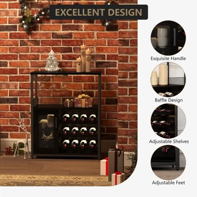 3-Tier Industrial Wine Bar Cabinet With Detachable Wine Rack, Drawer, Glass Holder & Mesh Doors Durable Sideboard And Buffet Storage, Brown 6 3-Tier Industrial Wine Bar Cabinet With Detachable Wine Rack, Drawer, Glass Holder & Mesh Doors Durable Sideboard And Buffet Storage, Brown - Image 4