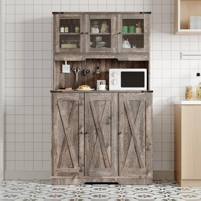 71” Farmhouse Pantry Cabinet - Kitchen Hutch With Charging Station & Adjustable Shelves, Dining Room Sideboard With Countertop 7 71” Farmhouse Pantry Cabinet - Kitchen Hutch With Charging Station & Adjustable Shelves, Dining Room Sideboard With Countertop - Image 5