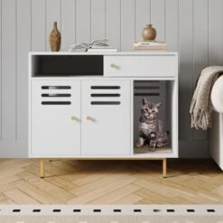 Cat Litter Box Enclosure - Hidden Litter Box Furniture With 2 Compartments, Scratching Mat, Double-Door Storage Cabinet -House Beautiful GUEST 628a7483 71c6 4c27 9a45 7985e3256112