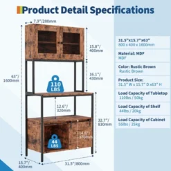 5 Tier Industrial Baker's Rack With Power Outlets, 63'' Tall Microwave Oven Stand With Cabinets & Open Shelves
