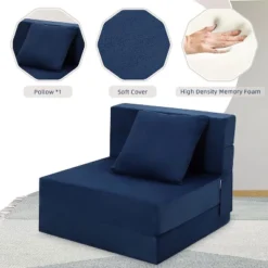 Folding Sofa Mattress, Convertible Sofa Bed With Pillow, Foldable Memory Foam Sleeper Chair For Living Room, Linen Fabric Futon Floor Couch Guest Bed