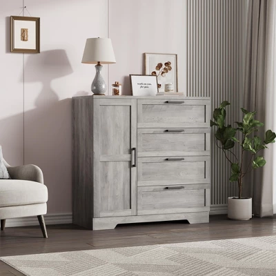 43.3" H Armoire Wardrobe Closet With 4 Drawers & Hanging Rod, Multifunctional Wood Storage Cabinet, Freestanding Dresser For Bedroom 7 43.3" H Armoire Wardrobe Closet With 4 Drawers & Hanging Rod, Multifunctional Wood Storage Cabinet, Freestanding Dresser For Bedroom - Image 5