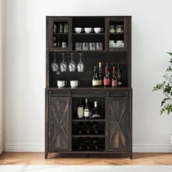 Jojoka 70" Wine Coffee Bar Cabinet With Storage Hutch, Kitchen Pantry Liquor Cabinet With Sliding Barn Doors, Bottle Glasses Rack, Farmhouse Buffet 14 Jojoka 70" Wine Coffee Bar Cabinet With Storage Hutch, Kitchen Pantry Liquor Cabinet With Sliding Barn Doors, Bottle Glasses Rack, Farmhouse Buffet -House Beautiful GUEST 64915cc2 7213 492c a62e 35d51e59cd70
