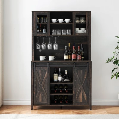 Jojoka 70" Wine Coffee Bar Cabinet With Storage Hutch, Kitchen Pantry Liquor Cabinet With Sliding Barn Doors, Bottle Glasses Rack, Farmhouse Buffet 7 Jojoka 70" Wine Coffee Bar Cabinet With Storage Hutch, Kitchen Pantry Liquor Cabinet With Sliding Barn Doors, Bottle Glasses Rack, Farmhouse Buffet - Image 5