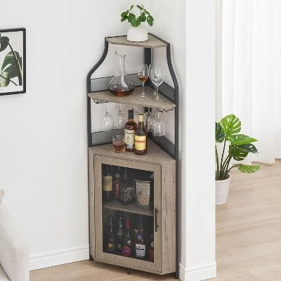 Jojoka 61'' Tall Corner Bar Cabinet With Adjustable Shelves, 5-Tier Industrial Bar Cabinet With Glass Holder, Gold 4 Jojoka 61'' Tall Corner Bar Cabinet With Adjustable Shelves, 5-Tier Industrial Bar Cabinet With Glass Holder, Gold - Image 2