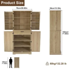 72'' Pantry Cabinet With Doors, Freestanding Tall Rattan Cabinet With 8 Door Shelves, Large Drawer