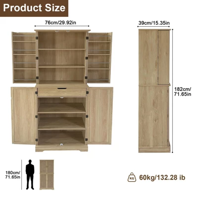72'' Pantry Cabinet With Doors, Freestanding Tall Rattan Cabinet With 8 Door Shelves, Large Drawer 3 72'' Pantry Cabinet With Doors, Freestanding Tall Rattan Cabinet With 8 Door Shelves, Large Drawer