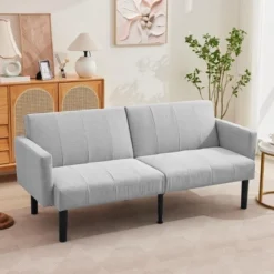 Modern Mid-Century Futon Sofa Bed – Compact 3-Seater Convertible Sleeper Loveseat With Chevron Tufting & Tapered Legs, Brown -House Beautiful GUEST 66045285 878e 49c3 95d3 164360dbb74e
