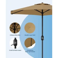 7.5FT Patio Umbrella Outdoor, Market Umbrella, Table Umbrella With Push Button Tilt And Crank, 6 Sturdy Ribs UV Protection Waterproof For Garde (Tan)