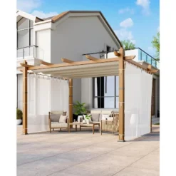 10x13ft Wood Grain Aluminum Pergola, Beige UV Block Canopy, Mesh Net, Rustproof Frame, Fast Tool-Free Assembly -House Beautiful GUEST 66c19bbd 5a71 4a1e 987b e54a798ca149