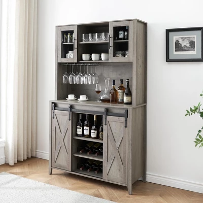 Jojoka 70'' Wine Bar Cabinet With Storage Hutch, Tall Coffee Bar Cabinet With Sliding Barn Doors, Bottle Glasses Rack, Farmhouse Coffee Bar 11 Jojoka 70'' Wine Bar Cabinet With Storage Hutch, Tall Coffee Bar Cabinet With Sliding Barn Doors, Bottle Glasses Rack, Farmhouse Coffee Bar - Image 9