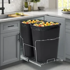 Double Pull Out Trash Can Under Cabinet With Two 25 Quart Bins Rustproof Black Steel Frame Space Saving Quiet Smooth Sliding