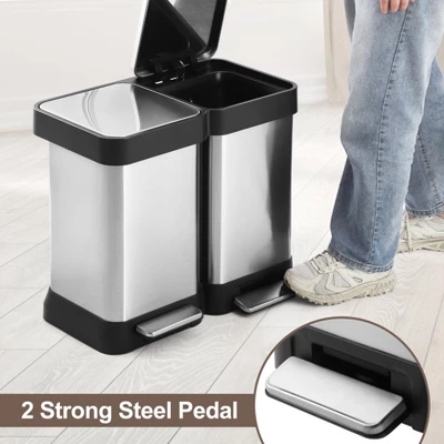 13 Gallon Dual Trash & Recycling Bin - Fingerprint Proof Stainless Steel, Double Lid, Hands-Free Step, Space-Saving Design 4 13 Gallon Dual Trash & Recycling Bin - Fingerprint Proof Stainless Steel, Double Lid, Hands-Free Step, Space-Saving Design - Image 2