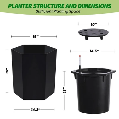 16" Tall Hexagonal Self-Watering Planters Set Of 2 With Water Level Monitor, Bottom Wheels & Drainage Hole – Indoor & Outdoor Plant Pots, Black 4 16" Tall Hexagonal Self-Watering Planters Set Of 2 With Water Level Monitor, Bottom Wheels & Drainage Hole – Indoor & Outdoor Plant Pots, Black - Image 2