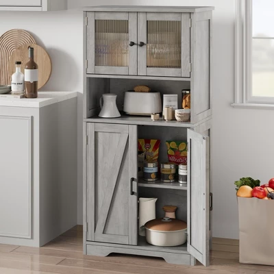 Kitchen Pantry Cabinets With Glass Doors And Adjustable Shelves, 54in Tall Freestanding Wooden Cupboard With Hutch 11 Kitchen Pantry Cabinets With Glass Doors And Adjustable Shelves, 54in Tall Freestanding Wooden Cupboard With Hutch - Image 9