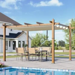 10x10ft Outdoor Aluminum Pergola Retractable UPF 50+ Waterproof Canopy, Wood Grain Frame, Tool-Free Assembly 11 10x10ft Outdoor Aluminum Pergola Retractable UPF 50+ Waterproof Canopy, Wood Grain Frame, Tool-Free Assembly -House Beautiful GUEST 69f005be 5f45 4e1c 9404 1da6f2a75426