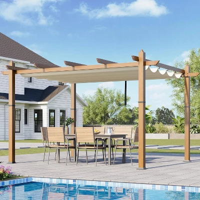 10x10ft Outdoor Aluminum Pergola Retractable UPF 50+ Waterproof Canopy, Wood Grain Frame, Tool-Free Assembly 5 10x10ft Outdoor Aluminum Pergola Retractable UPF 50+ Waterproof Canopy, Wood Grain Frame, Tool-Free Assembly - Image 3