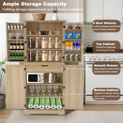 72'' Pantry Cabinet With Doors, Freestanding Tall Rattan Cabinet With 8 Door Shelves, Large Drawer 4 72'' Pantry Cabinet With Doors, Freestanding Tall Rattan Cabinet With 8 Door Shelves, Large Drawer - Image 2