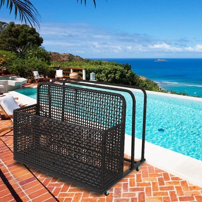 Pool Storage Bin, Rolling Poolside Float Storage With Towel Rack And Wheels, PE Rattan Mesh Organizer 3 Pool Storage Bin, Rolling Poolside Float Storage With Towel Rack And Wheels, PE Rattan Mesh Organizer