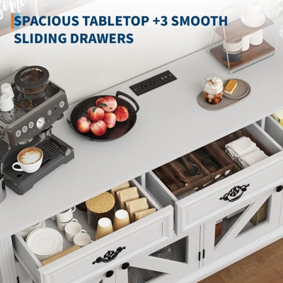 63" Buffet Cabinet, Coffee Bar Cabinet With 3 Drawers, Adjustable Shelves, Charging Station And 4 Mesh Barn Doors, Sideboard Storage Buffet Table 4 63" Buffet Cabinet, Coffee Bar Cabinet With 3 Drawers, Adjustable Shelves, Charging Station And 4 Mesh Barn Doors, Sideboard Storage Buffet Table - Image 2