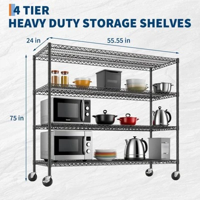 4 Tier Wire Rack Shelving Unit With Wheels, 2,200 Lb Capacity Height Adjustable Heavy Duty Metal Storage Shelves 3 4 Tier Wire Rack Shelving Unit With Wheels, 2,200 Lb Capacity Height Adjustable Heavy Duty Metal Storage Shelves