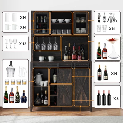 Jojoka 70" Wine Coffee Bar Cabinet With Storage Hutch, Kitchen Pantry Liquor Cabinet With Sliding Barn Doors, Bottle Glasses Rack, Farmhouse Buffet 5 Jojoka 70" Wine Coffee Bar Cabinet With Storage Hutch, Kitchen Pantry Liquor Cabinet With Sliding Barn Doors, Bottle Glasses Rack, Farmhouse Buffet - Image 3