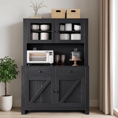 Kitchen Pantry Cabinet With Microwave Stand, Freestanding Hutch Cabinet With Buffet Cupboard & Adjustable Shelves 8 Kitchen Pantry Cabinet With Microwave Stand, Freestanding Hutch Cabinet With Buffet Cupboard & Adjustable Shelves - Image 6
