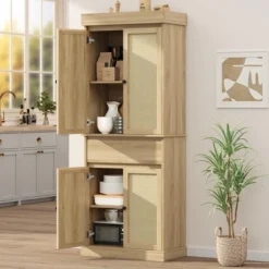 Kitchen Pantry Cabinet, Tall Storage Cabinet With Rattan Doors And Adjustable Shelves, Freestanding Cupboard With Drawer For Bathroom, (Black) 19 Kitchen Pantry Cabinet, Tall Storage Cabinet With Rattan Doors And Adjustable Shelves, Freestanding Cupboard With Drawer For Bathroom, (Black) -House Beautiful GUEST 6bc4ec42 5935 42d8 9a9e 772b6693ee12