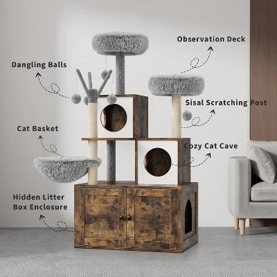 2-in-1 Cat Tree Tower With Litter Box Enclosure - Multi-Level Condo With Scratching Posts, Hammock & Plush Perch For Climbing, Scratching 5 2-in-1 Cat Tree Tower With Litter Box Enclosure - Multi-Level Condo With Scratching Posts, Hammock & Plush Perch For Climbing, Scratching - Image 3