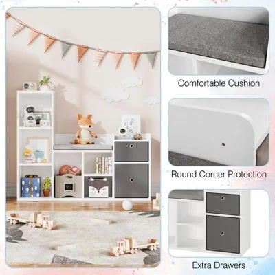 Toy Storage Organizer With Reading Nook, 44.1" Wide Kids Bookshelf, 6-Cubby Bookcase Bench W/ Seat Cushion & 2 Drawers For Nursery, Playroom, Bedroom 7 Toy Storage Organizer With Reading Nook, 44.1" Wide Kids Bookshelf, 6-Cubby Bookcase Bench W/ Seat Cushion & 2 Drawers For Nursery, Playroom, Bedroom - Image 5