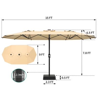15 FT Double-Sided Rectangle Patio Market Umbrella With Base, Heavy Duty Waterproof And Windproof Umbrella, For Poolside, Lawn & Backyard 6 15 FT Double-Sided Rectangle Patio Market Umbrella With Base, Heavy Duty Waterproof And Windproof Umbrella, For Poolside, Lawn & Backyard - Image 4