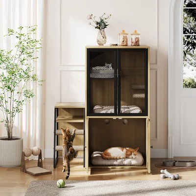 Cat Litter Box Enclosure With Door - Double Layer Cat House With Hammock, Ladder And Scratching Posts, Hidden Enclosed Litter Box Storage Furniture 10 Cat Litter Box Enclosure With Door - Double Layer Cat House With Hammock, Ladder And Scratching Posts, Hidden Enclosed Litter Box Storage Furniture - Image 8