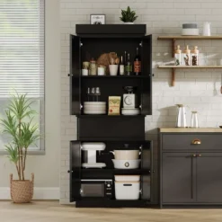 Kitchen Pantry Cabinet, Tall Storage Cabinet With Rattan Doors And Adjustable Shelves, Freestanding Cupboard With Drawer For Bathroom, (Black) 15 Kitchen Pantry Cabinet, Tall Storage Cabinet With Rattan Doors And Adjustable Shelves, Freestanding Cupboard With Drawer For Bathroom, (Black) -House Beautiful GUEST 6ccbf294 d9a3 41fd 86f0 5cda28d06107