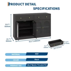55in Buffet Cabinet With Storage, Farmhouse Sideboard Buffet Cabinet Large Console Coffee Bar Table With 2 Drawers And 4 Acrylic Doors