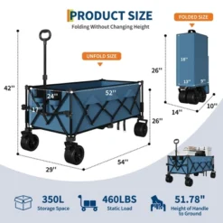 Collapsible Utility Wagon Cart With All Terrain Wheels, Heavy Duty Foldable Wagon, 460 Lb Capacity, Portable For Beach Camping