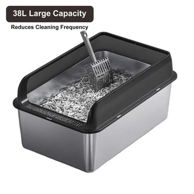 XL Stainless Steel Litter Box With Lid, Litter Box For Big Cats With Sifter Scoop And Double Layer Litter Mat, 8" Deep Metal Cat Litter Box 4 XL Stainless Steel Litter Box With Lid, Litter Box For Big Cats With Sifter Scoop And Double Layer Litter Mat, 8" Deep Metal Cat Litter Box - Image 2