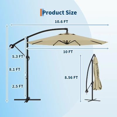 10FT Patio Umbrella,Cantilever Umbrella With Easy Lift & Tilt Adjustment,8 Ribs Sun Umbrella For Backyard 4 10FT Patio Umbrella,Cantilever Umbrella With Easy Lift & Tilt Adjustment,8 Ribs Sun Umbrella For Backyard - Image 2