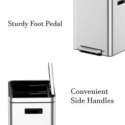 36L (10 Gallon) Stainless Steel Step-On Trash Can – Dual Compartment 5 Gal + 5 Gal For Recycling & Trash, Slim Space-Saving Design 4 36L (10 Gallon) Stainless Steel Step-On Trash Can – Dual Compartment 5 Gal + 5 Gal For Recycling & Trash, Slim Space-Saving Design - Image 2