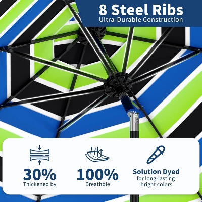 9ft Patio Umbrella, Outdoor Table, UV, Fade, Water Resistant, Crank Lift, Tilt, 8 Ribs, Metal Frame, Tricolor Stripe 5 9ft Patio Umbrella, Outdoor Table, UV, Fade, Water Resistant, Crank Lift, Tilt, 8 Ribs, Metal Frame, Tricolor Stripe - Image 3