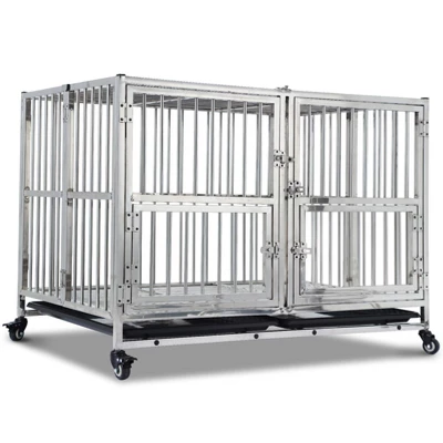 48 Inch Heavy Duty Dog Crate - Stainless Steel Kennel With Wheels, Double Door & Small Door Design, Removable Tray & Sturdy Locks, Silver 11 48 Inch Heavy Duty Dog Crate - Stainless Steel Kennel With Wheels, Double Door & Small Door Design, Removable Tray & Sturdy Locks, Silver - Image 9