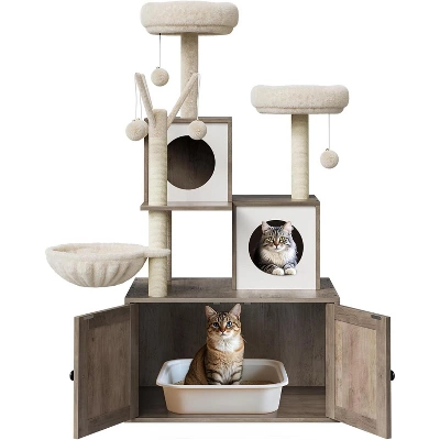 2-in-1 Cat Tree Tower With Litter Box Enclosure - Multi-Level Condo With Scratching Posts, Hammock & Plush Perch For Climbing, Scratching 10 2-in-1 Cat Tree Tower With Litter Box Enclosure - Multi-Level Condo With Scratching Posts, Hammock & Plush Perch For Climbing, Scratching - Image 8